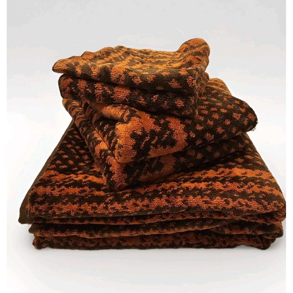 Vintage Lady Pepperell 70s Brown Orange Towel Set 2 Bath/2 Hand/2 Wash MCM Mod